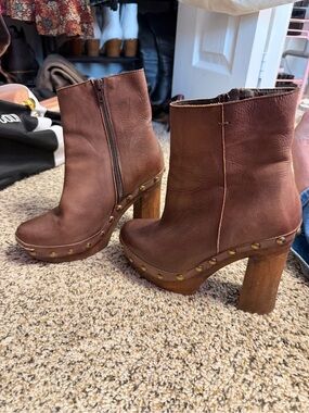 Free People Brown Leather Studded Platform Clog Boots